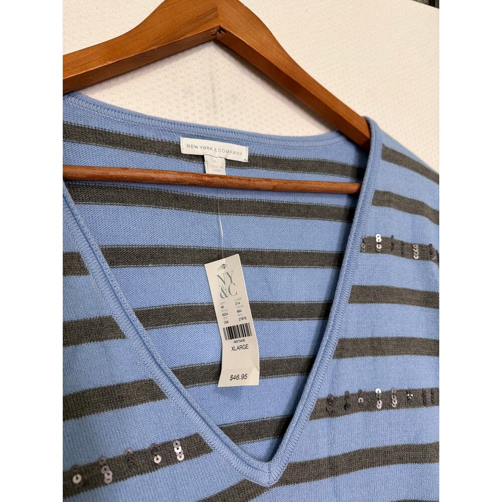 New York & Company XL Blue Gray Striped V Neck Sweater Sequin‎ Detail NWT - Picture 5 of 10
